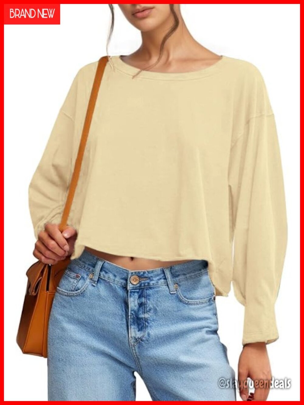 Womens Oversized Crop Top Long Sleeve Crew Neck Pullover Tee